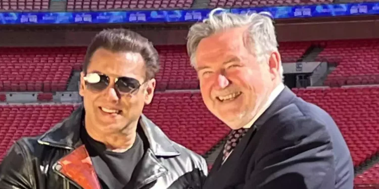 Barry Gardiner, MP for Brent North, warmly welcomes Salman Khan at Wembley Stadium, affirming, ‘The Tiger roams London!’