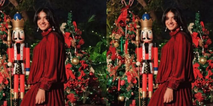 Radhika Merchant in Celine’s gathered mini dress and Havana floral boots from Jimmy Choo is the main highlight of Christmas fashion